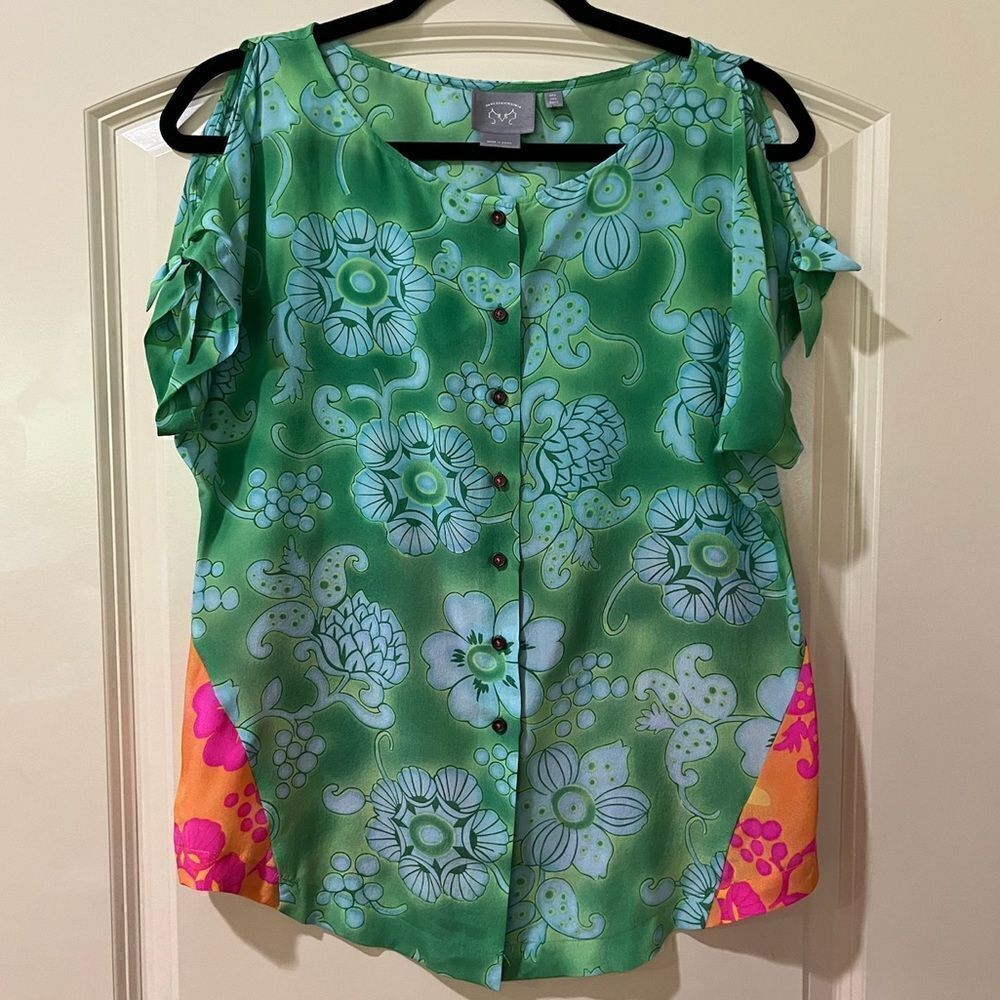 ANTHROPOLOGIE VANESSA VIRGINIA 100% Silk Floral Blouse Green Pink Women’s Size 0